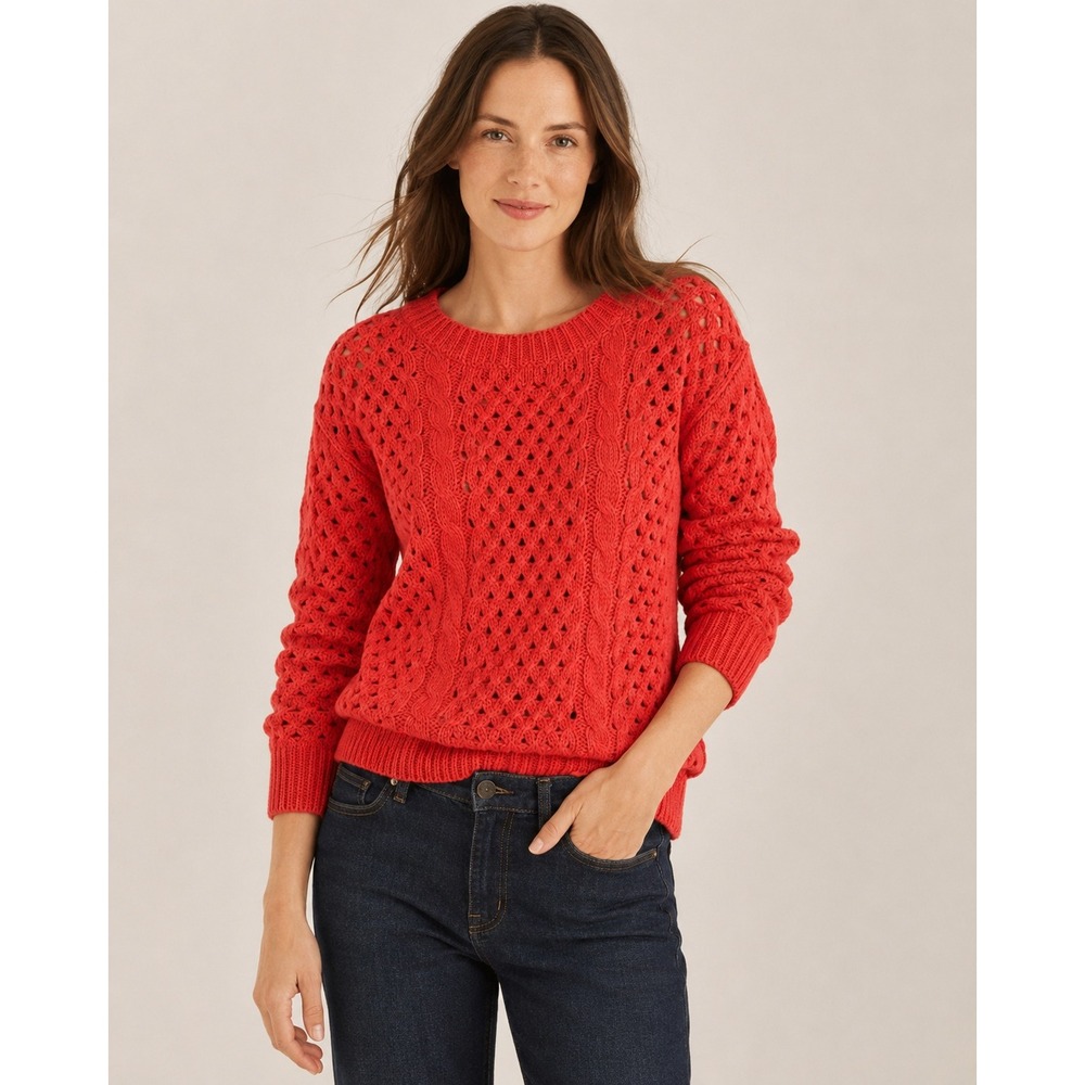 Hazel Womens Sweater XS Red Open Knit Cable Crochet Pullover Grandma Cottage